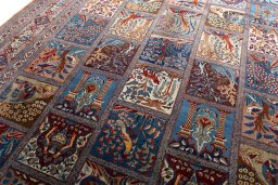 Backside of handmade 2000s Kashmar rug showing knot structure and weave density