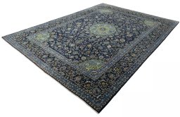 Corner detail of 2000s Kashmar rug showing border pattern and Wool pile