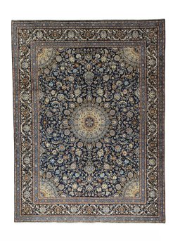 Full view of 2000s Kashmar rug from Iran / Persia, 390 × 295 cm in Blue tones