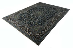 Corner detail of 2000s Kashmar rug showing border pattern and Wool pile