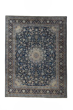 Full view of 2000s Kashmar rug from Iran / Persia, 400 × 305 cm in Blue tones