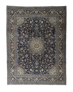 Full view of 2000s Kashmar rug from Iran / Persia, 388 × 298 cm in Blue tones