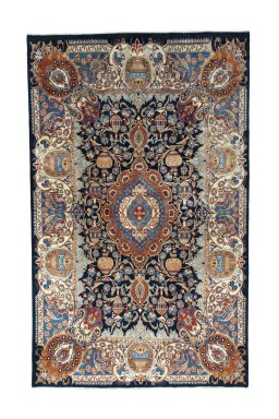 Full view of 1970s Kashmar rug from Iran / Persia, 338 × 208 cm in Blue tones