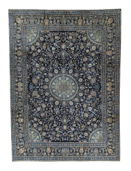 Full view of 2000s Kashmar rug from Iran / Persia, 405 × 297 cm in Blue tones