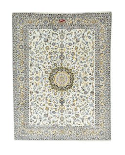 Full view of 2000s Kashmar rug from Iran / Persia, 382 × 295 cm in Beige tones