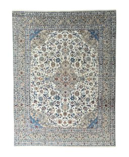 Full view of 2000s Kashmar rug from Iran / Persia, 383 × 295 cm in Beige tones