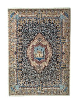 Full view of 1970s Kashmar rug from Iran / Persia, 344 × 247 cm in Blue tones