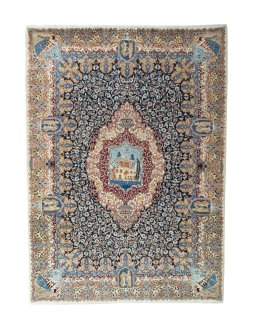 Full view of 1970s Kashmar rug from Iran / Persia, 343 × 248 cm in Blue tones