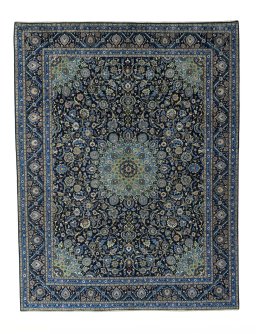 Full view of 2000s Kashmar rug from Iran / Persia, 389 × 300 cm in Blue tones
