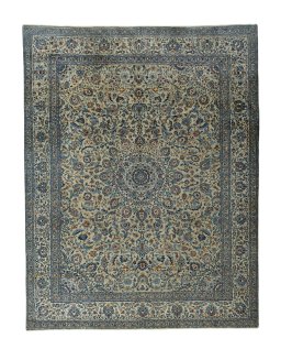 Full view of 2000s Kashmar rug from Iran / Persia, 385 × 301 cm in Beige tones
