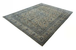 Corner detail of 2000s Kashmar rug showing border pattern and Wool pile