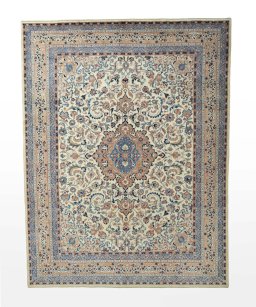 Full view of 1970s Kashmar rug from Iran / Persia, 390 × 298 cm in Beige tones
