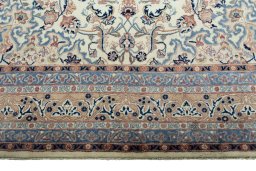 Full view of 1970s Kashmar rug from Iran / Persia, 390 × 298 cm in Beige tones