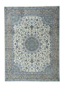 Full view of 2000s Kashmar rug from Iran / Persia, 405 × 302 cm in Beige tones