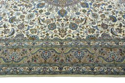 Corner detail of 2000s Kashmar rug showing border pattern and Wool pile