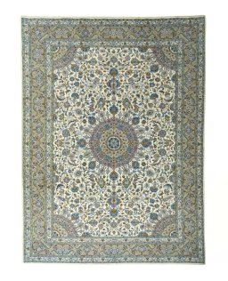 Full view of 2000s Kashmar rug from Iran / Persia, 402 × 300 cm in Beige tones