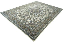 Corner detail of 2000s Kashmar rug showing border pattern and Wool pile