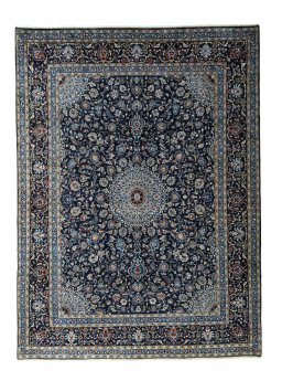 Full view of New Kashmar rug from Iran / Persia, 398 × 295 cm in Blue tones
