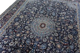 Backside of handmade New Kashmar rug showing knot structure and weave density