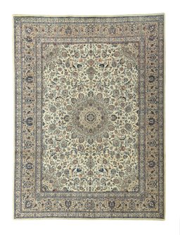 Full view of 2000s Kashmar rug from Iran / Persia, 410 × 308 cm in Beige tones
