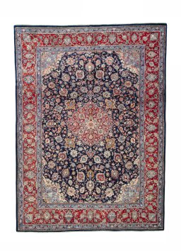 Full view of 2000s Kashmar rug from Iran / Persia, 413 × 303 cm in Blue tones