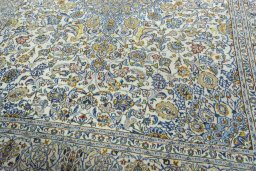 Close-up detail of 2000s Kashmar rug from Iran / Persia showing Wool weave