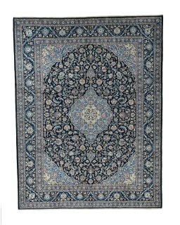 Full view of 2000s Kashmar rug from Iran / Persia, 395 × 304 cm in Blue tones