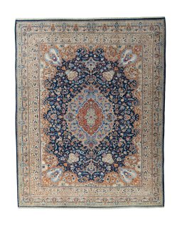 Full view of 1970s Kashmar rug from Iran / Persia, 381 × 303 cm in Blue tones