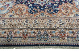 Full view of 1970s Kashmar rug from Iran / Persia, 381 × 303 cm in Blue tones