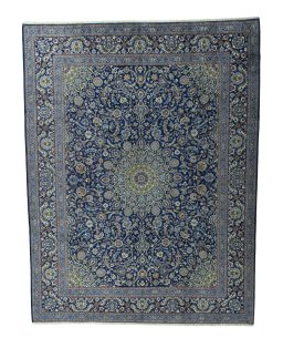 Full view of 2000s Kashmar rug from Iran / Persia, 390 × 303 cm in Blue tones