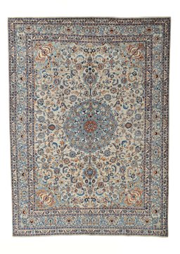 Full view of 2000s Kashmar rug from Iran / Persia, 415 × 305 cm in Beige tones