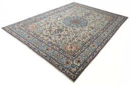 Corner detail of 2000s Kashmar rug showing border pattern and Wool pile
