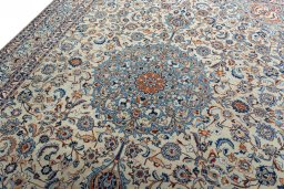 Backside of handmade 2000s Kashmar rug showing knot structure and weave density