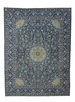Full view of 2000s Kashmar rug from Iran / Persia, 391 × 295 cm in Blue tones