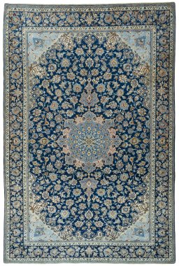 Full view of 2000s Kashmar rug from Iran / Persia, 374 × 249 cm in Blue tones