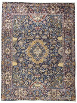 Full view of 2000s Kashmar rug from Iran / Persia, 386 × 295 cm in Blue tones