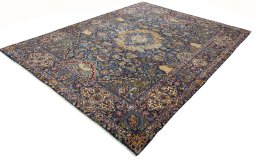Corner detail of 2000s Kashmar rug showing border pattern and Wool pile