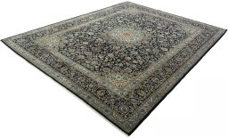 Corner detail of 2000s Kashmar rug showing border pattern and Wool pile