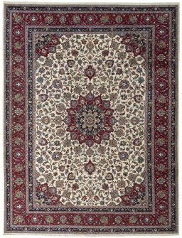 Full view of 1970s Kashmar rug from Iran / Persia, 386 × 295 cm in Beige tones