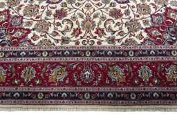 Full view of 1970s Kashmar rug from Iran / Persia, 386 × 295 cm in Beige tones