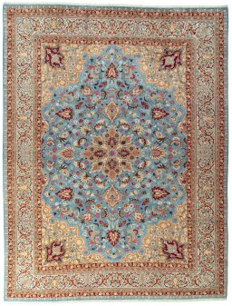 Full view of 1970s Kashmar rug from Iran / Persia, 384 × 297 cm in Blue tones