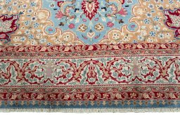 Full view of 1970s Kashmar rug from Iran / Persia, 384 × 297 cm in Blue tones