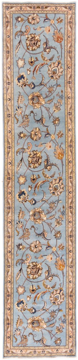 Full view of 1980s Kashmar rug from Iran / Persia, 385 × 77 cm in Blue tones