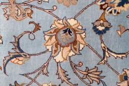 Full view of 1980s Kashmar rug from Iran / Persia, 385 × 77 cm in Blue tones