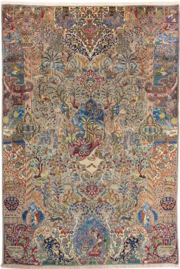 Full view of 1980s Kashmar rug from Iran / Persia, 290 × 198 cm in Multi Color tones