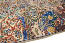 Backside of handmade 1980s Kashmar rug showing knot structure and weave density