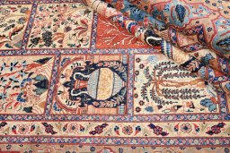 Backside of handmade 1980s Kashmar rug showing knot structure and weave density