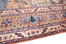 Backside of handmade 1980s Kashmar rug showing knot structure and weave density