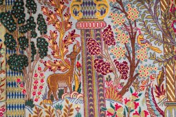 Backside of handmade 1960s Kashmar rug showing knot structure and weave density