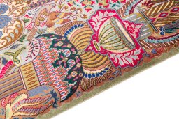 Backside of handmade 1960s Kashmar rug showing knot structure and weave density
